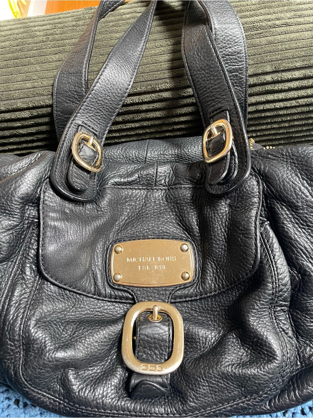 Michael Kors Black Leather Shoulder Bag with Gold Plaque and Buckles